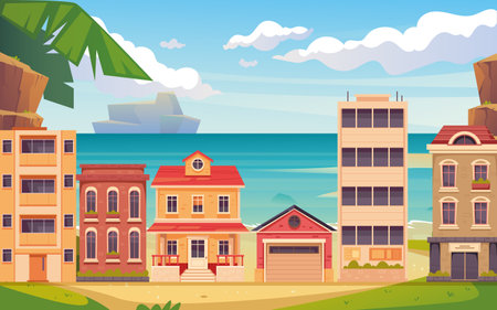Island lake sea house city beach landscape town hotel resort concept. Vector graphic design illustrationのイラスト素材