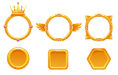 Game frame circle gold avatar fantasy ui border design element isolated set. Vector graphic design element illustrationのイラスト素材