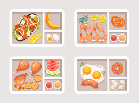 School food lunch box lunchbox breakfast container meal bag set. Vector graphic design element illustrationのイラスト素材