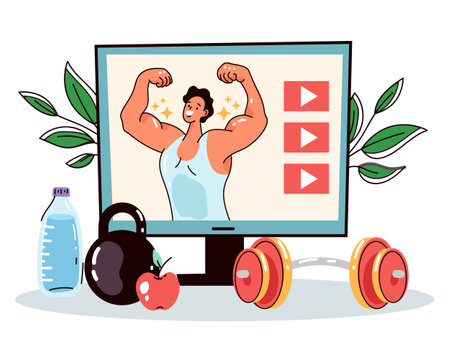 Fit gym home video fitness yoga online workout exercise sport concept. Vector graphic design element illustrationのイラスト素材