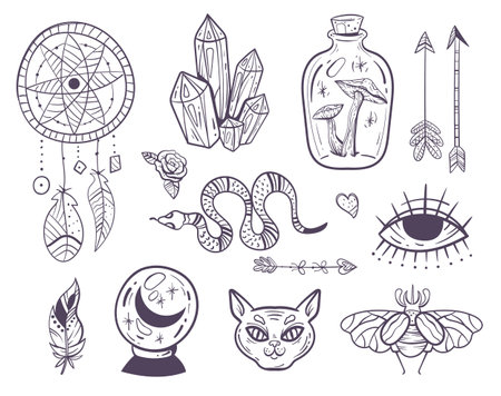 Boho hand drawn sketch floral outline isolated set. Vector graphic design illustrationのイラスト素材