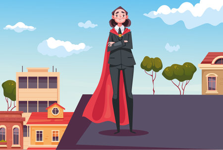 Super hero superhero office business employee standing on roof. Vector design graphic illustrationのイラスト素材
