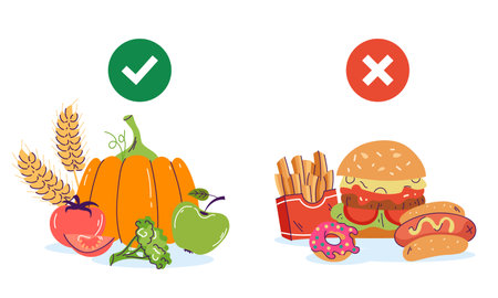 Healthy and unhealthy food diet nutrition meal vs concept. Vector design graphic illustrationのイラスト素材