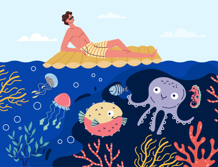 Underwater ocean diver swim scuba swimming activity concept. Vector graphic design illustrationのイラスト素材