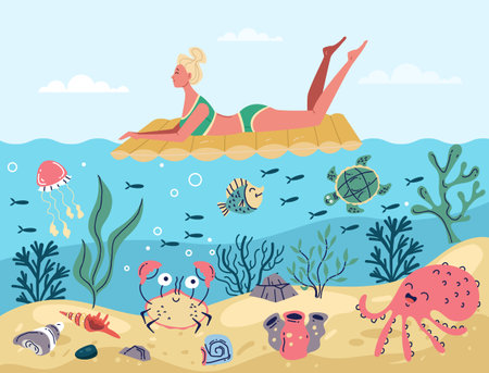 Underwater ocean diver swim scuba swimming activity concept. Vector graphic design illustrationのイラスト素材