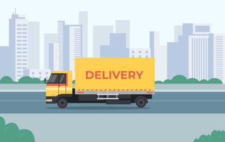 Delivery truck van cargo goods service parcel deliver concept. Vector design graphic illustrationのイラスト素材
