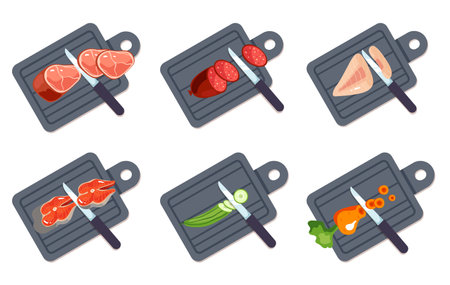 Food meat fish vegetable chopping slice on board isolated set. Vector graphic design illustrationのイラスト素材