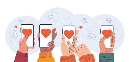 Hand hold phone and share like button concept. Vector graphic design illustrationのイラスト素材