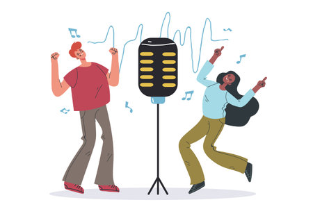 People listen music by phone podcast isolated concept. Vector graphic design illustrationのイラスト素材