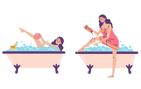 Bath woman relax bathroom concept. Vector design graphic illustrationのイラスト素材