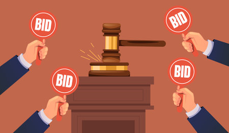 Auction bid hand paddle gavel competitive concept. Vector graphic design illustrationのイラスト素材