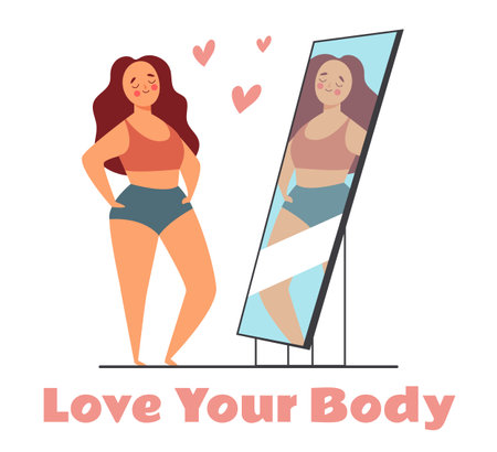 Woman girl looking mirror self love body positive concept. Vector graphic design illustrationのイラスト素材