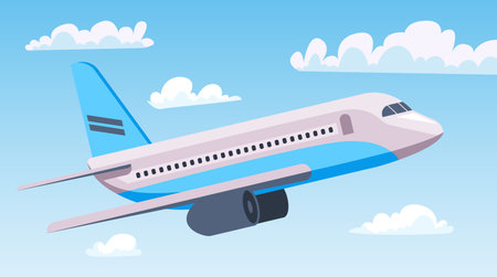 Aircraft air plane flight flying in sky clouds concept. Vector graphic design illustrationのイラスト素材