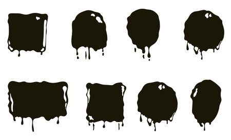 Drip black paint melt ink oil liquid isolated set. Vector graphic design illustrationのイラスト素材