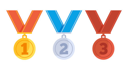 Golden silver copper medals isolated set. Vector graphic design illustrationのイラスト素材