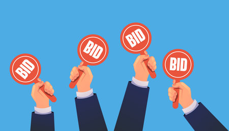Auction bid hand paddle gavel competitive concept. Vector graphic design illustrationのイラスト素材