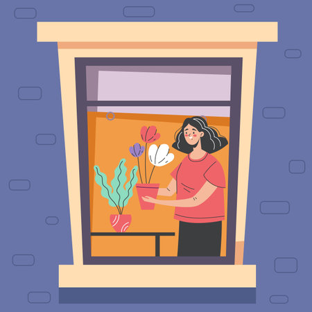 Happy people care flower watering house plant concept. Vector graphic design illustrationのイラスト素材