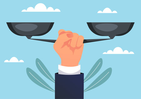 Scale justice hand hold balance judge abstract concept. Vector graphic design illustrationのイラスト素材