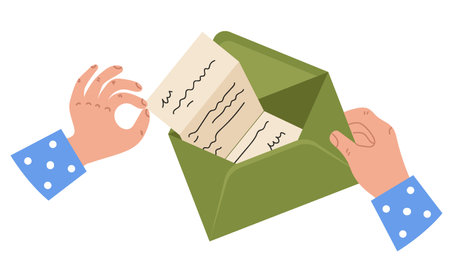 Letter in hand arm paper mail envelope abstract concept. Vector graphic design illustrationのイラスト素材