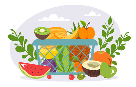 Fruit basket picnic food nature concept. Vector flat graphic design illustrationのイラスト素材