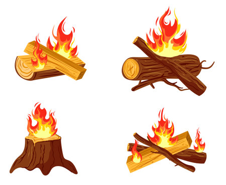 Campfire bonfire firewood flame isolated set. Vector flat graphic design illustrationのイラスト素材
