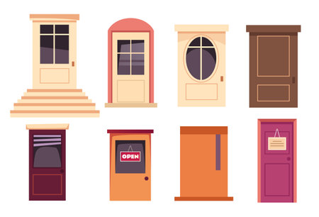 Doors game house front view doorway isolated set. Vector flat graphic design illustrationのイラスト素材
