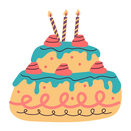 Birthday cute cake happy card concept. Vector flat graphic design illustration