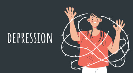 Depressed anxiety loneliness sad person banner concept. Vector flat graphic design illustrationのイラスト素材