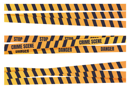 Yellow tape caution danger line cross police crime warning stripe isolated set. Vector flat graphic design illustrationのイラスト素材