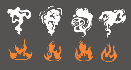 Fire flame burn comic smoke explosion isolated set. Vector flat graphic design illustrationのイラスト素材