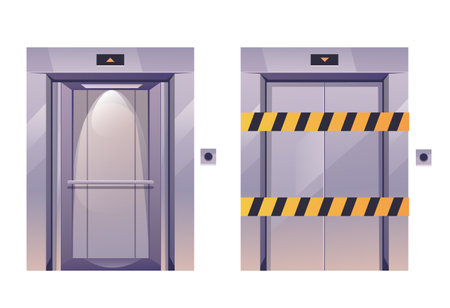 Open close broken office elevator interior concept. Vector flat graphic design illustrationのイラスト素材