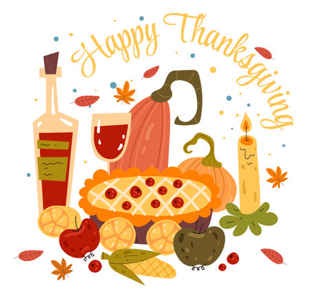 Thanksgiving autumn food dinner menu isolated on white background. Vector flat graphic design illustrationのイラスト素材