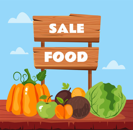 Fruit vegetable box market sale farmer shop banner concept. Vector flat graphic design illustrationのイラスト素材