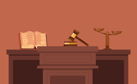 Courtroom court courthouse judge interior podium justice concept. Vector flat graphic design illustrationのイラスト素材