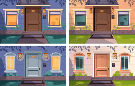Night day house home facade morning isolated set. Vector flat graphic design illustrationのイラスト素材