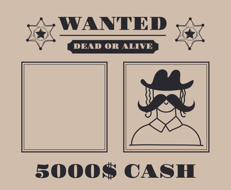 Wanted poster west old wild cowboy criminal frame concept. Vector flat graphic design illustrationのイラスト素材