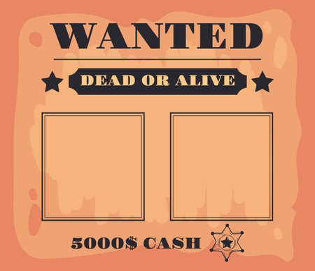 Wanted poster west old wild cowboy criminal frame concept. Vector flat graphic design illustrationのイラスト素材