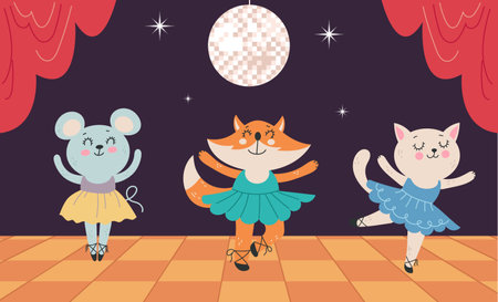 Animal on stage dance ballet cute characters concept. Vector flat graphic design illustrationのイラスト素材