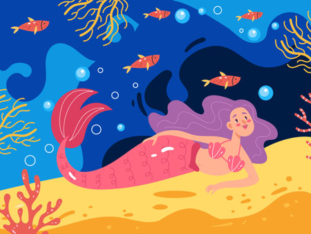 Mermaid princess swim in sea ocean underwater concept. Vector flat graphic design illustrationのイラスト素材
