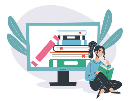 Digital study online library education media read book concept. Vector graphic design illustrationのイラスト素材