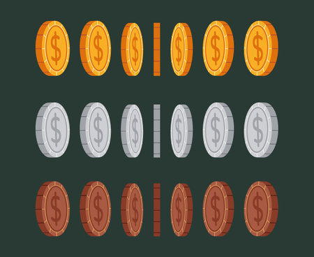 Coin game icon ui gold rotation money animate spin concept. Vector flat graphic design illustrationのイラスト素材
