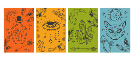 Tarot card moon ritual mystic flyer magician magic witch concept. Vector flat graphic design illustrationのイラスト素材