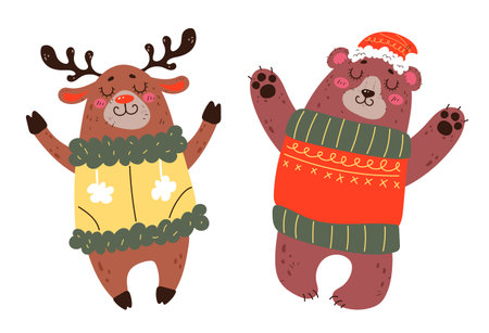Animal cute winter merry christmas character isolated set. Vector flat graphic design illustrationのイラスト素材