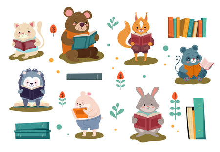 Cute animal characters read book. School library literature education concept. Vector flat graphic design illustrationのイラスト素材