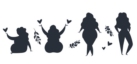 Women silhouette shadow body positive bodypositive isolated set. Vector graphic design illustrationのイラスト素材