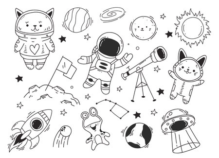 Space rocket spaceship cat people astronaut animal isolated set. Vector graphic design illustrationのイラスト素材