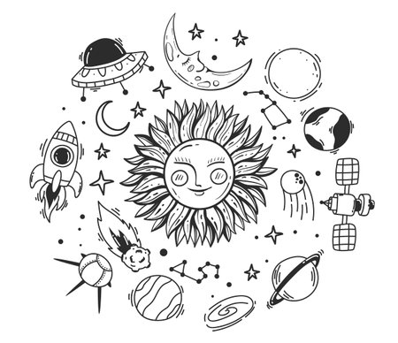 Solar system sky vintage planet sun moon space concept. Vector graphic design illustrationのイラスト素材