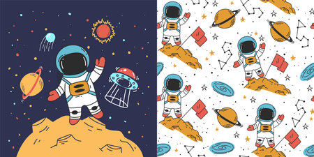 Space rocket star ship planet universe astronaut galaxy seamless pattern concept. Vector graphic design illustrationのイラスト素材