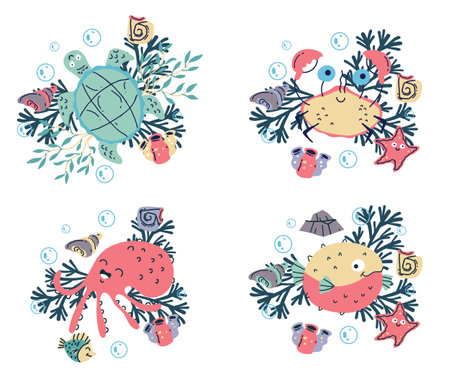 Sea ocean cute animal life underwater isolated set. Vector graphic design illustrationのイラスト素材