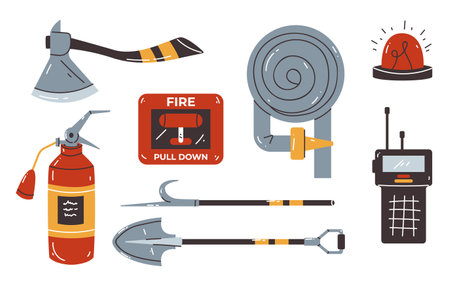 Firefighter fire equipment tool element extinguisher safety department isolated set. Vector graphic design illustrationのイラスト素材
